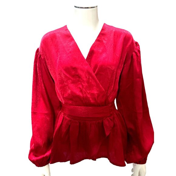 A Calin Red Wrap Blouse Small Flying Tomato Tie Waist Puff Sleeve Peplum Top Sm - Picture 10 of 10